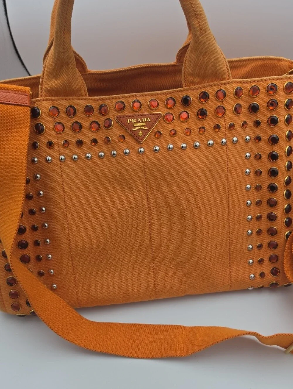 Prada Orange Papaya Canapa Gromment & Studded Large Tote (COA/HARD CARD)(EUC)🧡✨